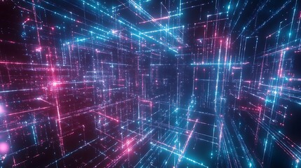Obraz premium Abstract Neon Lines and Glowing Particles in a Dark Digital Space