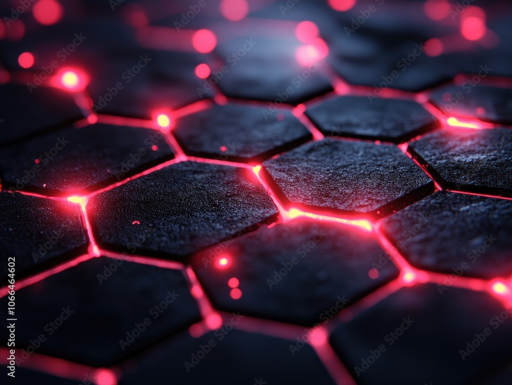 Poster abstract glowing red hexagonal pattern. ideal for technology, science, or futuristic themes.