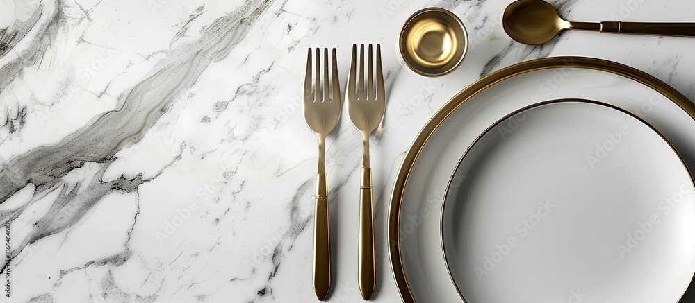 Aufkleber elegant display on a white marble table featuring cutlery plate and room for text in a top down copy