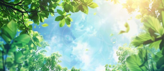 Obraz premium Summer forest landscape with green leaves against the blue sky and sun perfect for a copy space image