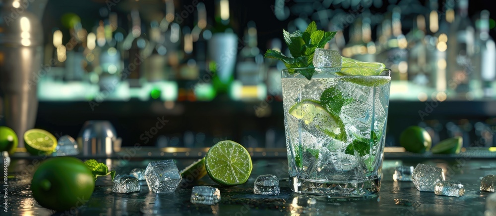Poster a summer themed cocktail featuring gin liqueur lime juice mint and ice on a black bar counter with b