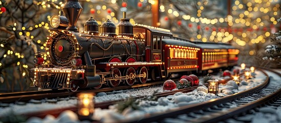 Festive train filled with Christmas themed decorations perfect for a holiday copy space image