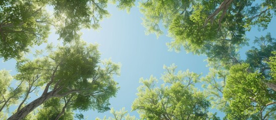 Obraz premium Swaying treetops in a verdant forest under a clear blue sky on a summer day creating a tranquil scene with a view upwards perfect for a copy space image