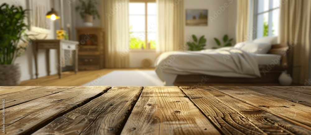 Poster wood table top with blurred bedroom background provides copy space image for product placement with 