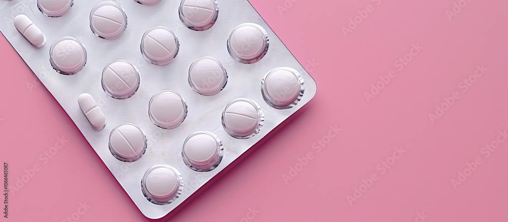 Poster top view of pills in blister on a pink background with copy space image available