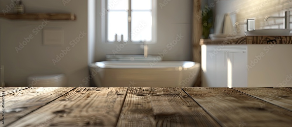 Poster a wooden table with no items on it and a blurred bathroom in the background perfect for a copy space