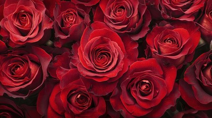 A close-up of vibrant red roses in full bloom, showcasing their rich color and velvety petals.
