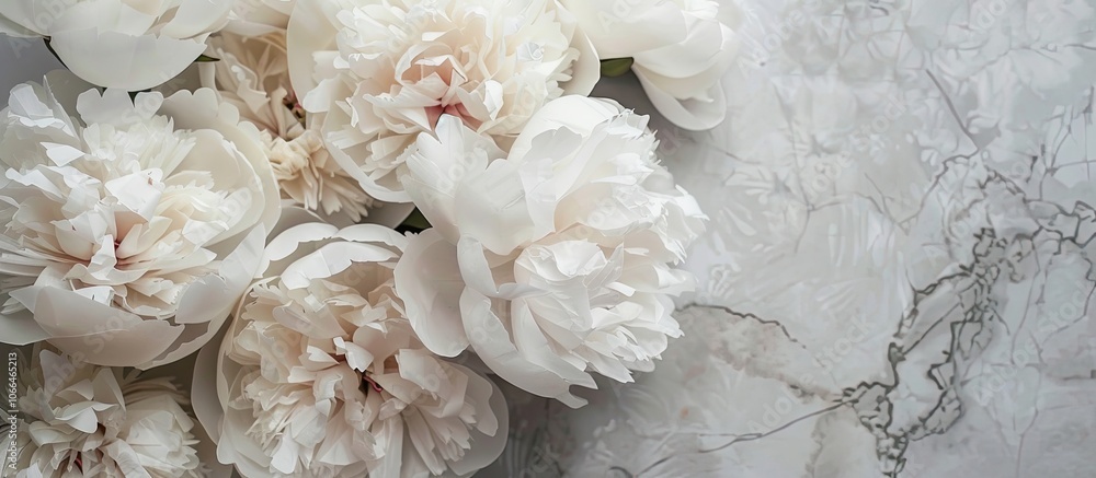 Poster top view of a bouquet of white peonies in craft paper on a grey tabletop with a clear area in the im