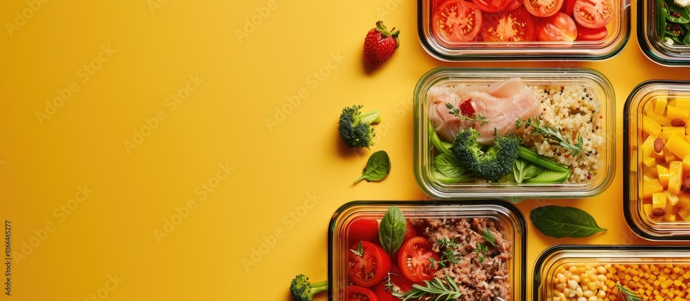 Poster glass containers with various healthy meals displayed on a yellow background in a flat lay compositi