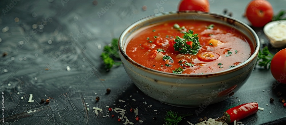 Poster vegetable soup served in a bowl with a visually appealing copy space image