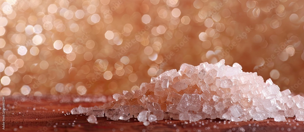 Poster granulated rock sugar arranged on a tabletop with empty space for text or logos in the background co