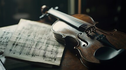 Fototapeta premium Capture the elegance of a vintage violin next to music sheets