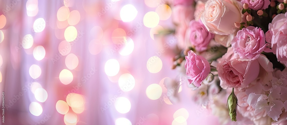 Poster a soft pink wedding backdrop featuring blurred lights with space to add text is ideal for enhancing 