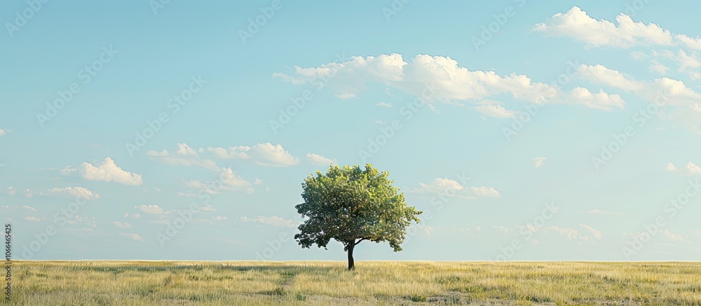 Poster a solitary tree standing in an open rural farm field with plenty of copy space image available