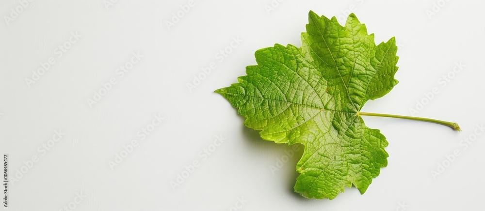 Poster a top down view of a green grape leaf on a blank white surface featuring an area for text with a bla
