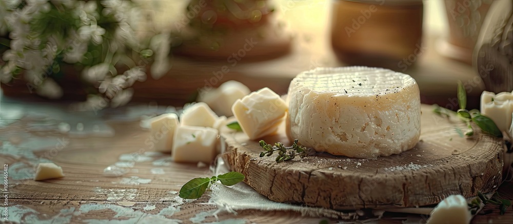 Aufkleber an appetizing rustic meal featuring soft goat or sheep cheese made from natural milk served on a tab