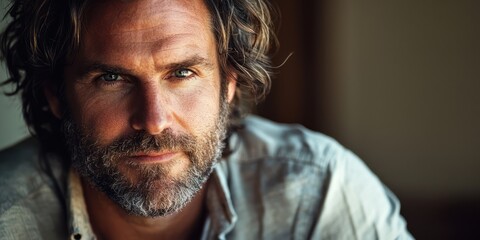 Obraz premium A close-up portrait of a man with tousled hair and a rugged beard, wearing a casual shirt unbuttoned at the collar.