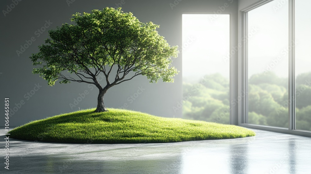 Poster a lush green tree grows on a patch of grass. this image is perfect for representing nature in a mode