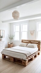Bright airy bedroom with pallet bed light wood floors and neutral decor for a serene calming space