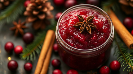 A jar of homemade cranberry sauce topped with a star anise, surrounded by fresh cranberries, pine branches, cinnamon sticks, and pine cones.