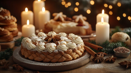 Festive Braided Holiday Bread with Cream Topping and Candlelit Decor - A beautifully braided holiday bread topped with whipped cream swirls and dusted with powdered sugar, garnished with star anise.