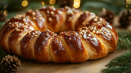 Festive Golden Glazed Holiday Wreath Bread with Sprinkled Nuts and Sugar - A beautifully glazed holiday wreath bread with a golden-brown crust, topped with sprinkled nuts and sugar crystals.