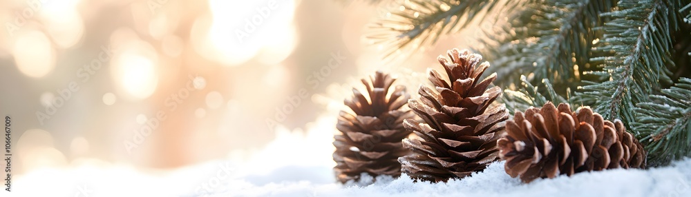 Poster Pine Cones Covered in Snow with Pine Branches in the Background