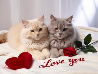 Valentine's Day card 2026, declaration of love, two cute fluffy cats, red heart and rose, inscription Love You, white background