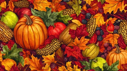 A colorful textile pattern inspired by Thanksgiving themes, suitable for fabric designs