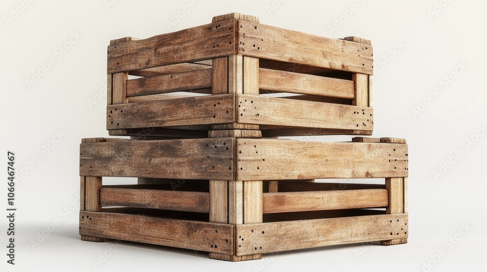 Poster two rustic wooden crates stacked on top of each other, isolated on white background.