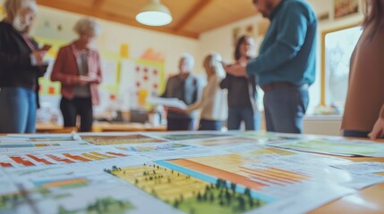 A community meeting scene where residents discuss the impact of a nearby power plant, with visual aids and charts displayed, emphasizing the importance of public engagement in energy decisions.