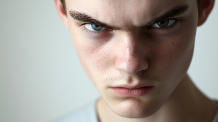 Young person with a focused expression looking overly serious