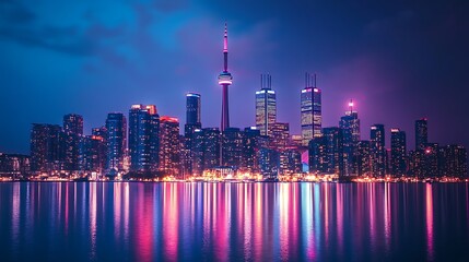 Fototapeta premium Toronto Skyline Illuminated at Night with Reflections in Water