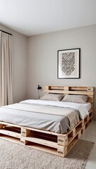 Pallet bed in a minimalist bedroom with light wood finishes neutral tones and a statement art piece