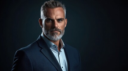 Fototapeta premium A confident male studio portrait in a suit, with a serious expression against a dark background