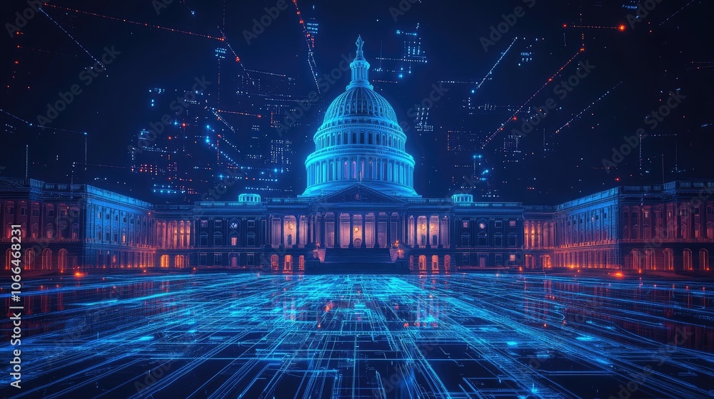 Poster the us capitol building is digitally rendered with glowing blue and red lines emanating from it.
