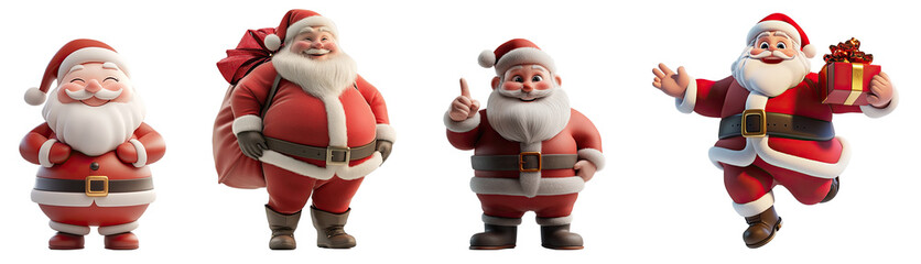3D cartoon Merry Christmas and happy new year with cute Santa Claus celebrate. Jumping dancing fun, Holding a gift box and bag, Full body, isolated on white background, png