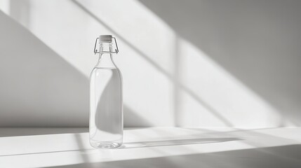 Clean modern water bottle with safety cap and half-filled with clear water on white background, symbolizing hydration and drinking safety, ample copy space for text overlay.
