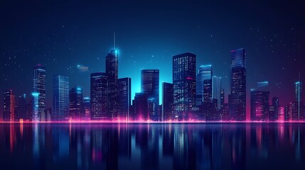 Fototapeta premium Nighttime cityscape with skyscrapers reflected in a rippling waterfront