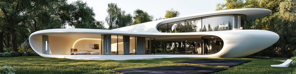 Obraz premium White futuristic home with charcoal wool rugs and a large yard.