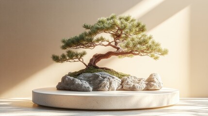 A bonsai tree with twisted branches and green leaves sits on a round stone platform with sunlight hitting the background.