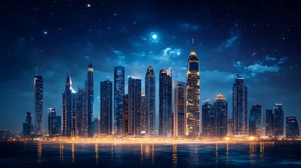 Obraz premium Nighttime cityscape with skyscrapers illuminated against a starry sky and reflecting in calm water