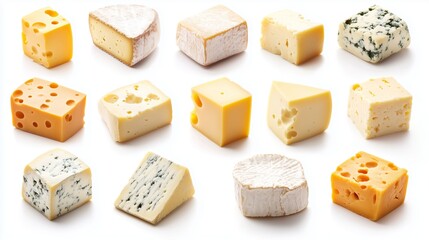 A variety of cheese types arranged neatly on a white background, showcasing different textures and colors