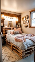 Pallet bed in a small cozy bedroom with soft lighting plush bedding and a mix of modern and vintage decor