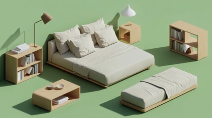 Minimalist Aerial View of Modern Wooden Furniture Collection on Green Background