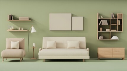 Minimalist Aerial View of Modern Wooden Furniture Collection on Green Background