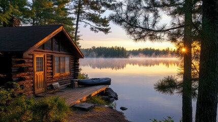 Fototapeta premium a cozy cabin by a tranquil lake during sunrise. Capture the soft light reflecting on the water, surrounded by mist rising from the lake, with pine trees framing the scene.