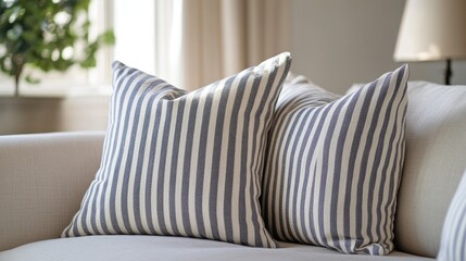 Two blue and white striped pillows on a white couch.