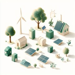 Isometric Eco-Friendly Elements with Solar Panels, Trees, and Sustainable Resources on White Background