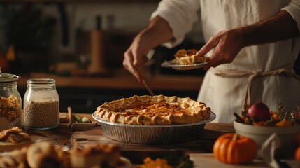 A cozy kitchen scene with a baker preparing Thanksgiving pies, showcasing the process and ingredients